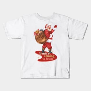 Retro Christmas Santa is Coming to Town Kids T-Shirt